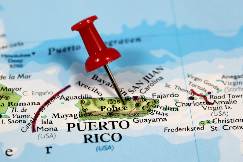 Pin marking location of Puerto Rico in Caribbean