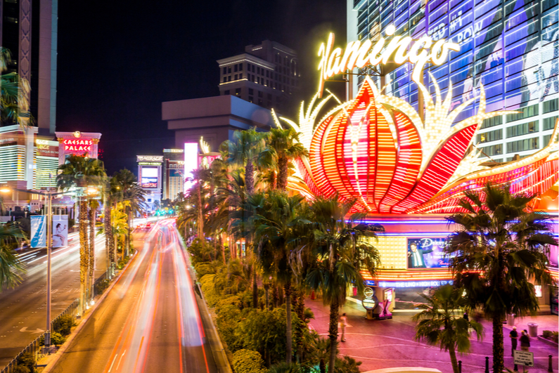 Night view of Las Vegas Strip with Flamingo casino in foreground