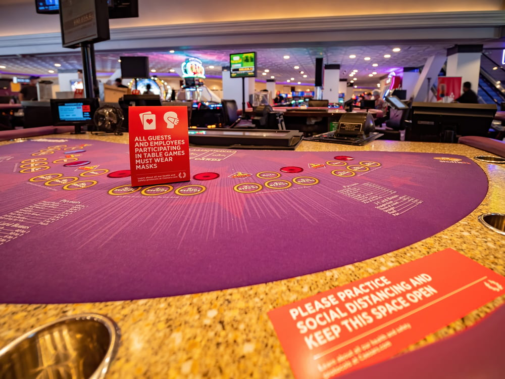 coronavirus face mask and social distancing notices at a Vegas casino