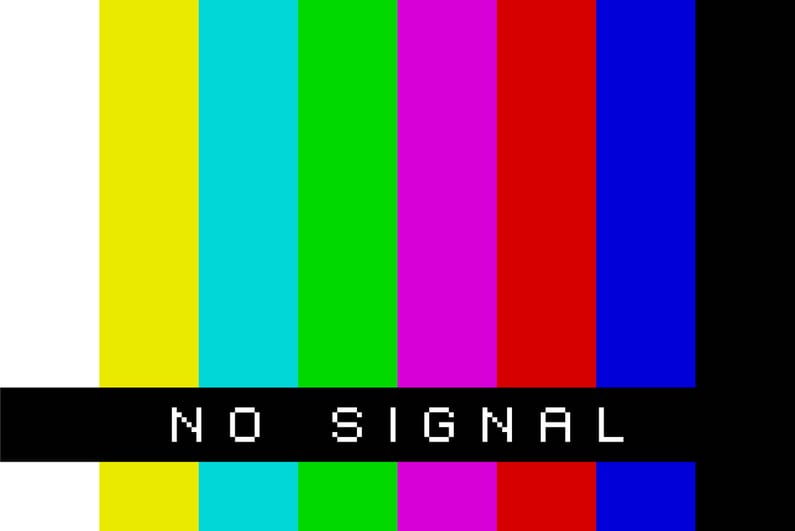 Old TV rainbow bars with the message "no signal"