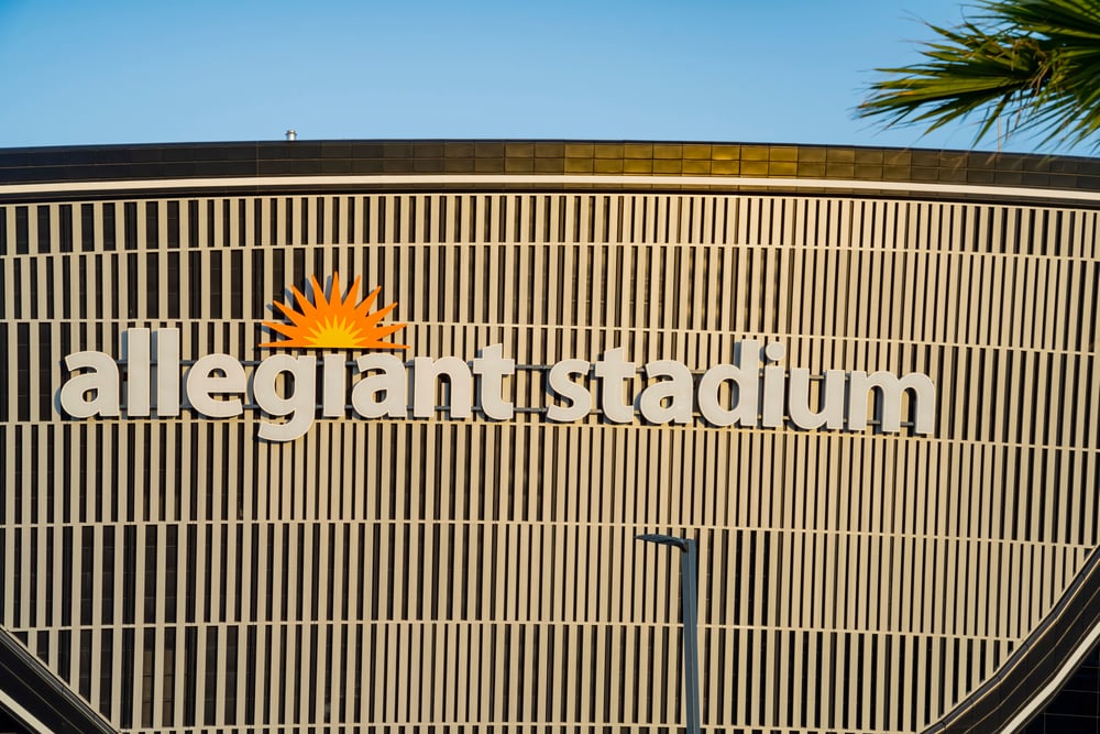 close-up of the Allegiant Stadium facade logo in Las Vegas