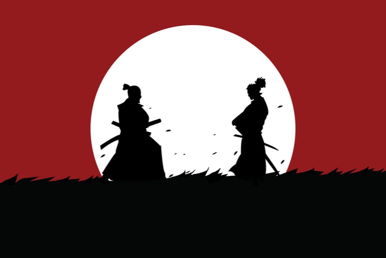 Two samurai facing off in a meadow under the moon