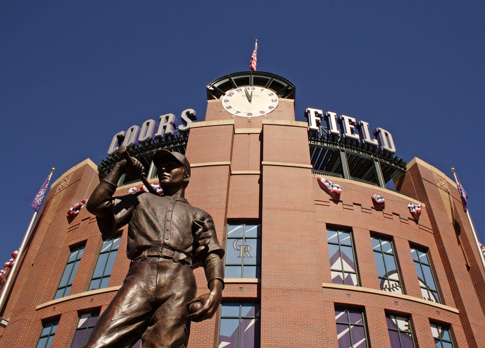 Statue of baseball player outside Coors Field stadium in Denver, Colorado