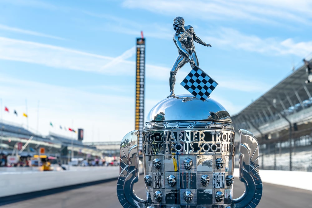 Borg Warner Trophy on display at Indianapolis 500 racetrack