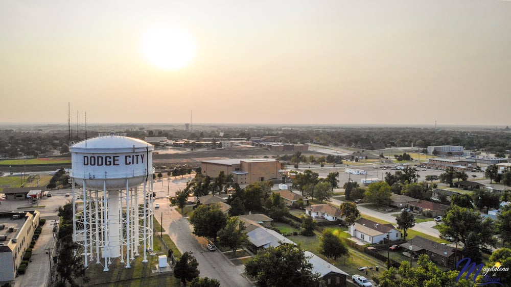 Aerial view of Dodge City in Kansas, US